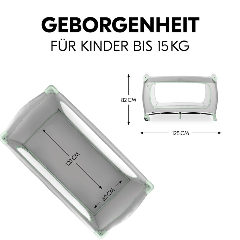 hauck Reisebett Sleep N Play Go Plus, Dusty Mint - Baby Kinderreisebett mit Rädern, Tragetasche, Faltboden und Großen Schlupf zum Spielen - ab Geburt bis 15 kg - Klein Zusammenklappbar