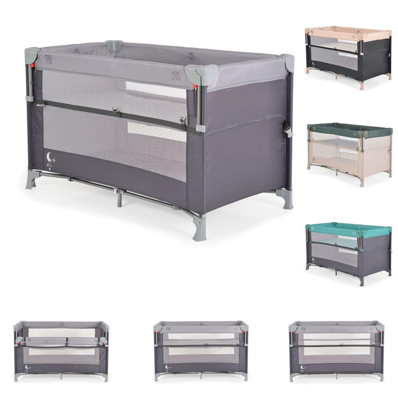 Moni Reisebett Next Level, 2 Ebenen, Matratze, Seite zum klappen, Beistellbett grau