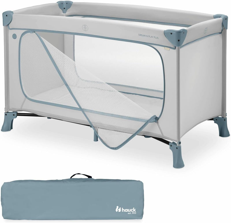 hauck Dream N Play Plus, Dusty Blue - Kinderreisebett mit Transporttasche - Großer Schlupf zum Spielen - Klein Zusammenklappbar - Baby Reisebett Kleinkind ab Geburt bis 15 kg