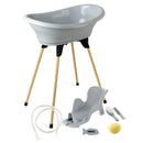 Thermobaby - VASCO 7-in-1-Babybadepaket - Badewanne, Holzfuß, Abflusschlauch, Badeliege, Thermometer -Bürste, Kamm, Schwamm - Zusammenklappbar & Stabil - Grau Charme