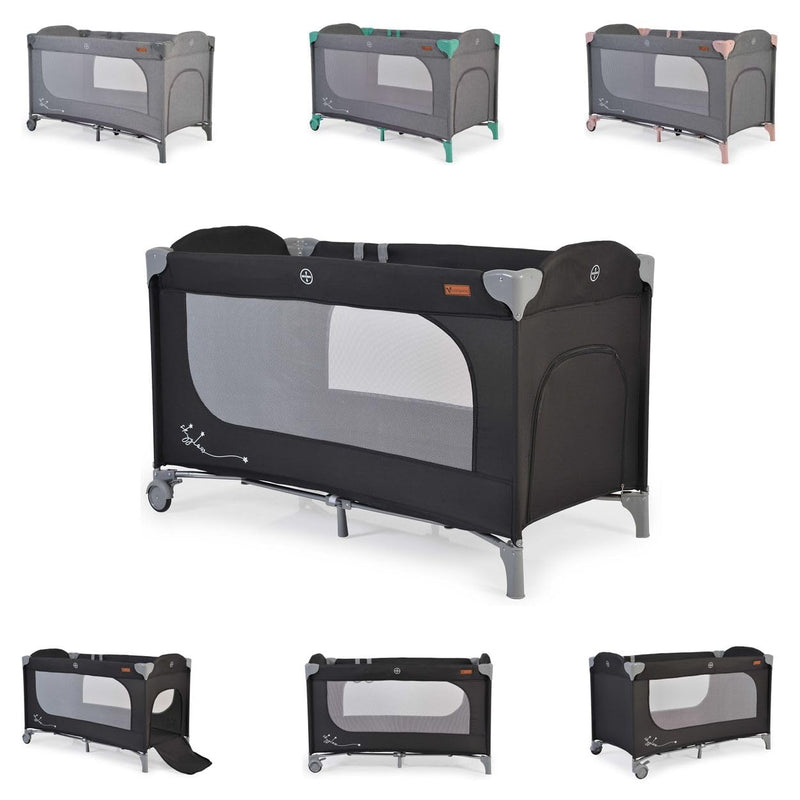 Cangaroo Reisebett Skyglow Laufstall 2 Räder mit Bremsen Matratze Seiteneingang, Farbe:schwarz