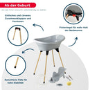 Thermobaby - VASCO 7-in-1-Babybadepaket - Badewanne, Holzfuß, Abflusschlauch, Badeliege, Thermometer -Bürste, Kamm, Schwamm - Zusammenklappbar & Stabil - Grau Charme