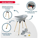Thermobaby - VASCO 7-in-1-Babybadepaket - Badewanne, Holzfuß, Abflusschlauch, Badeliege, Thermometer -Bürste, Kamm, Schwamm - Zusammenklappbar & Stabil - Grau Charme