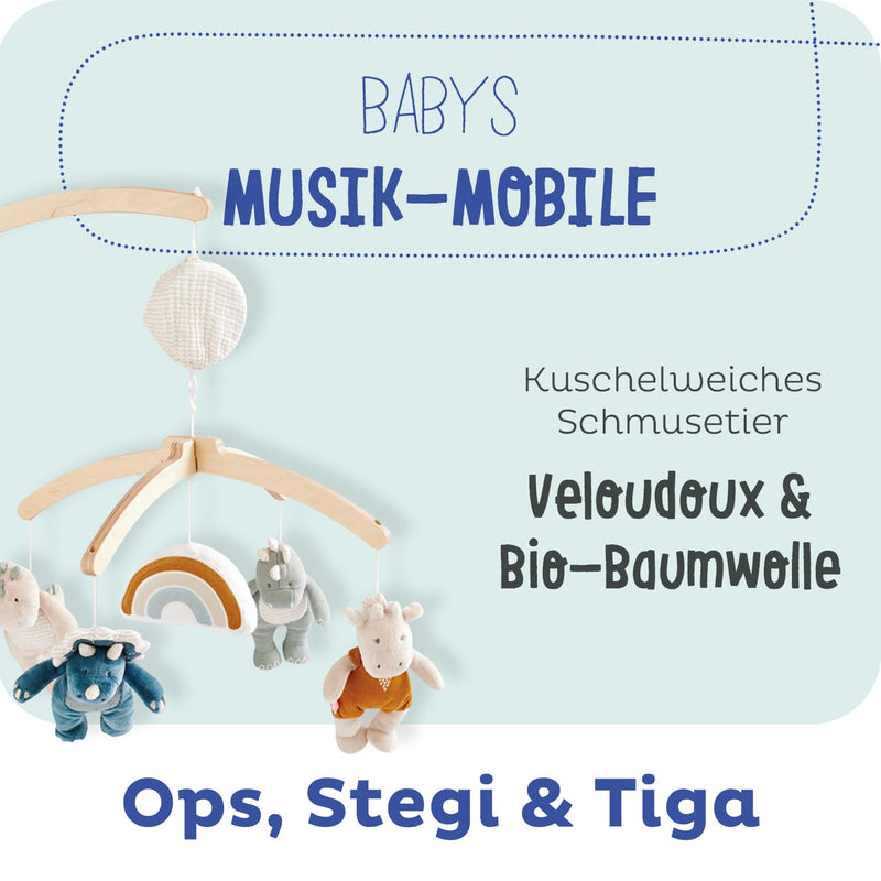 NOUKIE'S Musikalisches Mobile - Tiga, Stegi & Ops die Dinosaurier - Brahms Melodie - Kompatibel mit Wiege, Gitterbett und Laufstall - Ideal ab der Geburt zur Beruhigung des Babys