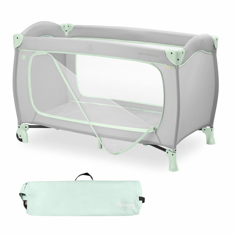 hauck Reisebett Sleep N Play Go Plus, Dusty Mint - Baby Kinderreisebett mit Rädern, Tragetasche, Faltboden und Großen Schlupf zum Spielen - ab Geburt bis 15 kg - Klein Zusammenklappbar