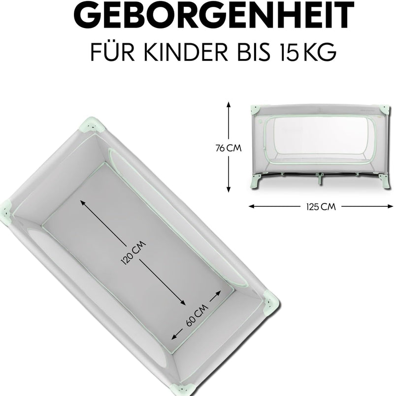 hauck Dream N Play Plus, Dusty Mint - Kinderreisebett mit Transporttasche - Großer Schlupf zum Spielen - Klein Zusammenklappbar