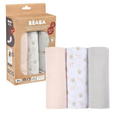 BÉABA, 3-er Set Mullwindeln, Spucktücher, Bio-Baumwollmusselin, Mehrzwecktücher: Wickeldecke, Lätzchen, Kuscheltuch, Superweich, Luftdurchlässig, Groß, 70 x 70, Ökologisch und Gesund, Motiv Schwan