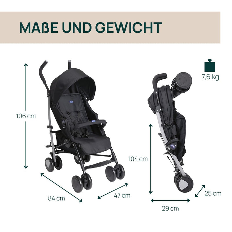 Chicco Echo Lite Kinderwagen, Buggy ab Geburt bis 22 kg, verstellbare Rückenlehne, geräumiger Sitz, Stoßstangenmanschette, Schirmbuggy, Zwillingsbremsen und schwenkbare Vorderräder, Schwarz