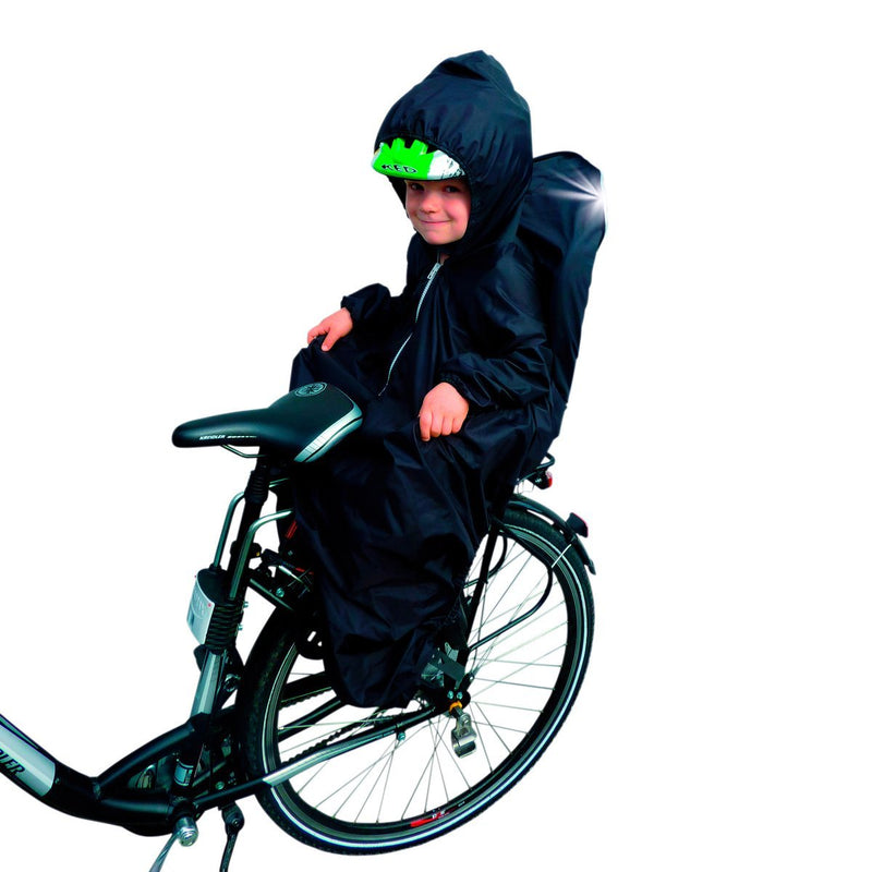 Sunnybaby 14490 Regencape für Kinderfahrradsitz mit Ärmel, Reflektorstreifen und für Kinderhelm geeigneter Kapuze, schwarz