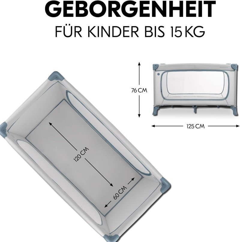 hauck Dream N Play Plus, Dusty Blue - Kinderreisebett mit Transporttasche - Großer Schlupf zum Spielen - Klein Zusammenklappbar - Baby Reisebett Kleinkind ab Geburt bis 15 kg