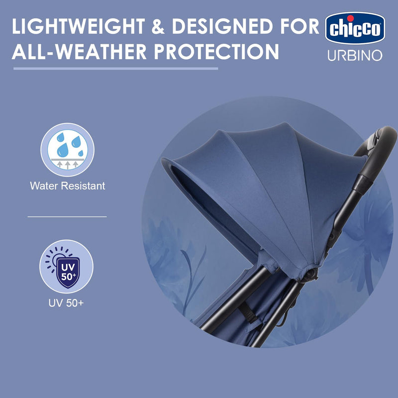 Chicco Urbino Kinderwagen Ab Geburt bis 4 Jahren (max. Belastbarkeit 25 kg), Praktisch und leicht, Zusammenklappbarer Buggy,Einhandverschluß, Verstellbare Rückenlehne und Fußstütze, Verdeck, Blau