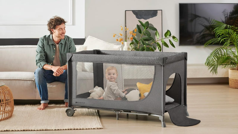 Kinderkraft JOY 2 Kinderbett, 2 in 1 Kinderreisebett, Babybetten, Kinderbett, Reisebett, Modernes Design, Kleine Abmessungen nach Zusammenklappe, Räder, Beige