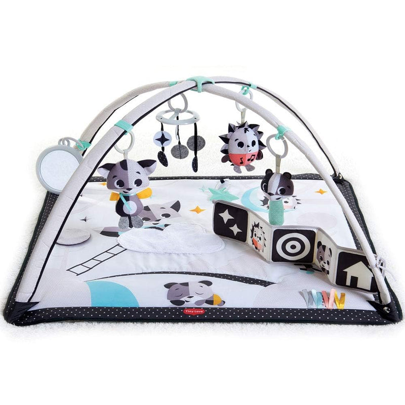 Tiny Love Black & White Gymini, 2-in-1 Spielmatte Baby mit Musik, 0+ Monate, Spieldecke Baby, 18 Aktivitäten, interaktive Musikspielfigur, kontrastreiches Babybuch, verstellbare Bögen