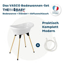 Thermobaby-Babybadewannen-Set Vasco-Badewanne Holzbein Abflussschlauch-Patentierte Innovation-Zusammenklappbar & Stabil-Kann eine Babyliege aufnehmen-Maiglöckchen-Weiß