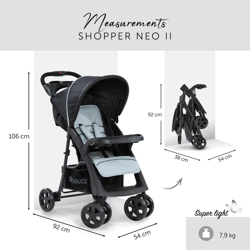 hauck Shopper Neo II, Schwarz Grau - Kinderbuggy mit Liegeposition ab Geburt bis 22 kg, 2x Tablett mit Getränkehalter, Einhändig Klein Zusammenklappbar