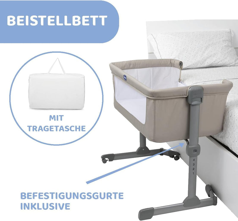 Chicco Next2Me Essential Neugeborenen Beistellbett, Nachhaltig, Kompatibel mit verschiedenen Betten, Höhenverstellbar, Neigbar, Gute Luftzirkulation, Matratze und Tasche enthalten, 0-6 Monate
