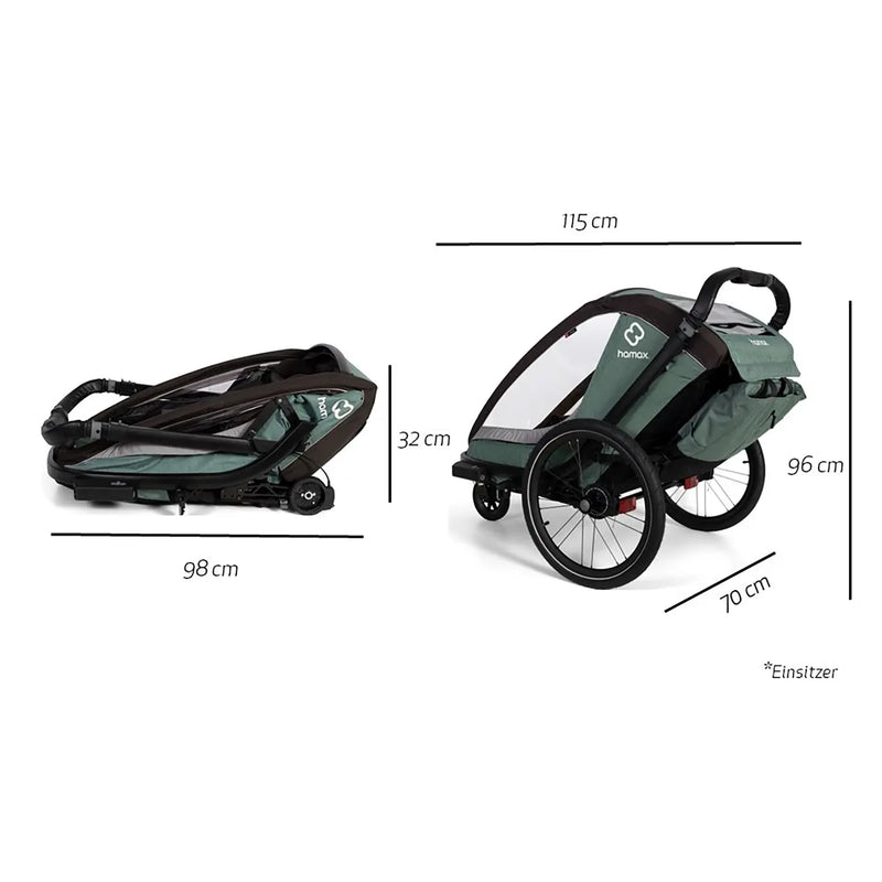 B-Ware Hamax Fahrradanhänger Einsitzer Kinderanhänger Green Black Regenverdeck Tasche