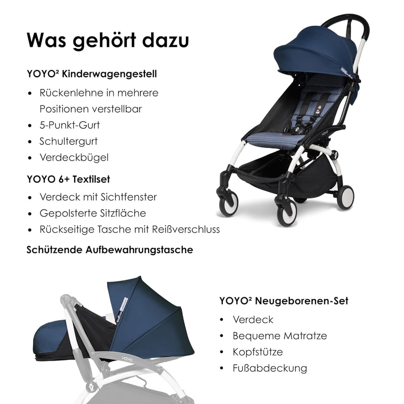 BABYZEN YOYO2 Kompletter Kinderwagen - Inklusive YOYO 0+ Neugeborenen Set (Air France Blue), Kinderwagengestell (White) & 6+ Textilset (Air France Blue) - für Kleinkinder bis 22 kg