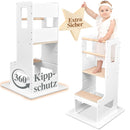 Kids Woody Star® Lernturm ab 1 Jahr [360° KIPPSCHUTZ] Höhenverstellbar Learning Tower Lernturm Montessori | Tritthocker Kinder | Holz/Weiß Eckig
