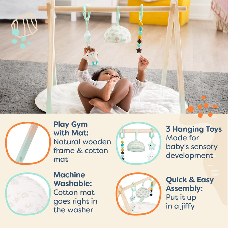 B. toys – Spielbogen aus Holz mit Krabbeldecke – Spieldecke für Babys und Neugeborene – 3 Sensorik Babyspielzeuge – Baumwollmatte – Holz Activity Center – Starry Sky