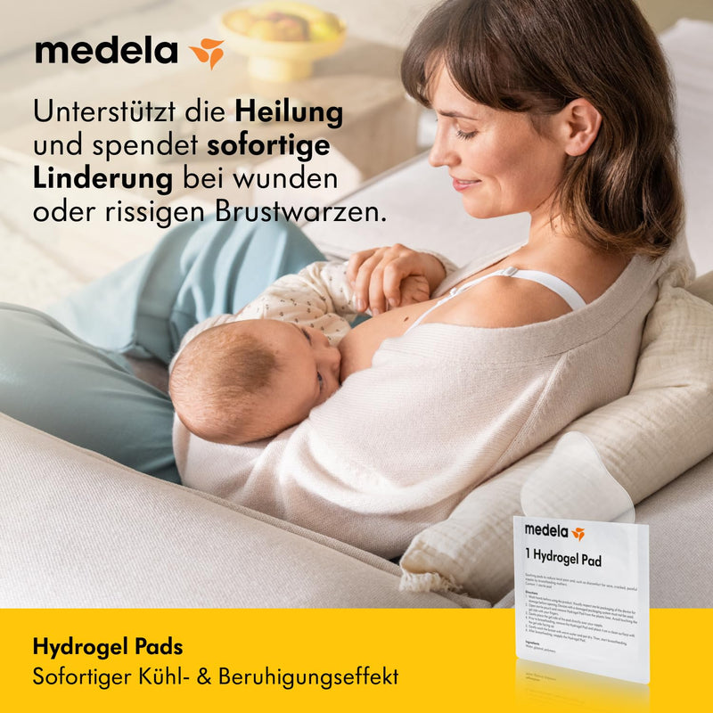 Medela Hydrogel Pads – Sofortige Schmerzlinderung bei wunden oder rissigen Brustwarzen durch Stillen oder Abpumpen – Kühlende Feuchtigkeit unterstützt die natürliche Heilung – 4er Pack