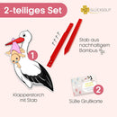 Klapperstorch Baby Rosa, 88 cm | 2-teiliges Set | Geburtsstorch inkl. Bambusstab + Grußkarte | Storch Geburt für Draussen & Drinnen | Geburtsgeschenk