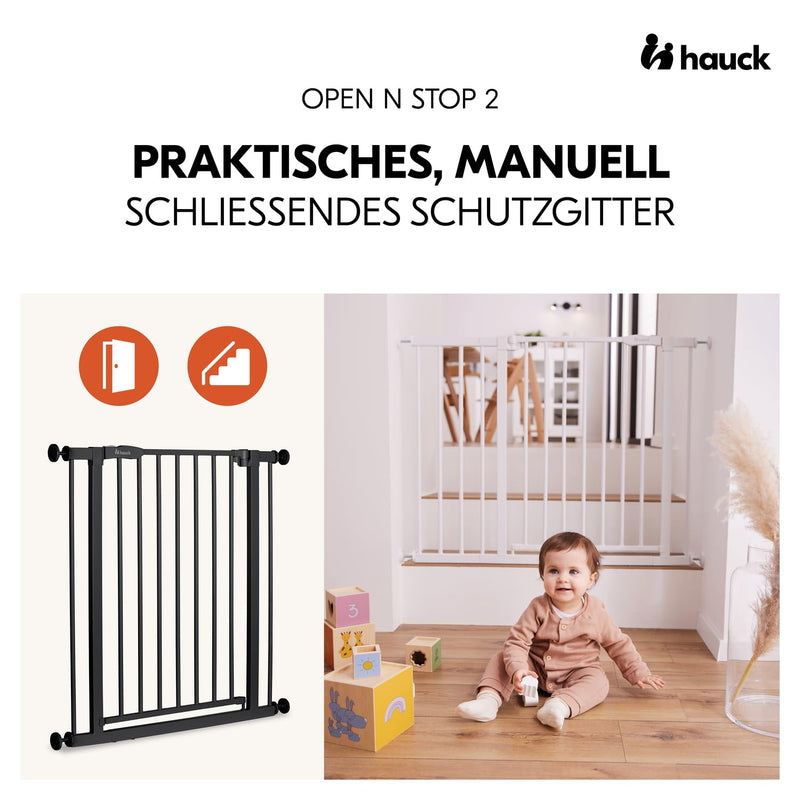 hauck Open N Stop 2, Schwarz – Schutzgitter Treppe und Tür 75–80 cm – Kindersicheres Absperrgitter ohne Bohren – Manuelle 1 Hand Öffnung – nur für Innen