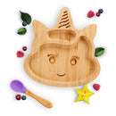 Kleiner Fuchs Hochwertiges Bambus Teller mit Saugnapf, Rutschfestem Saugnapf mit passendem Baby Löffel Macht Mahlzeiten Spaß, Bambus Geschirr Set mit Geschenkbox - Essenlernen mit Einhorn Design
