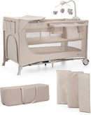 Kinderkraft Joy 2 Acc Kinderbett, 3 in 1 Kinderreisebett, Babybetten, Kinderbett, Reisebett, Modernes Design, Kleine Abmessungen nach Zusammenklappe, Praktisches Zubehör, Räder, Beige
