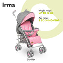 LIONELO Irma Kinderwagen Bis 15 kg - Leichter Moderner Mit Liegefunktion, Faltbar, Große 6-Zoll-Räder, Großer Korb, Tasche, Moskitonetz Pink