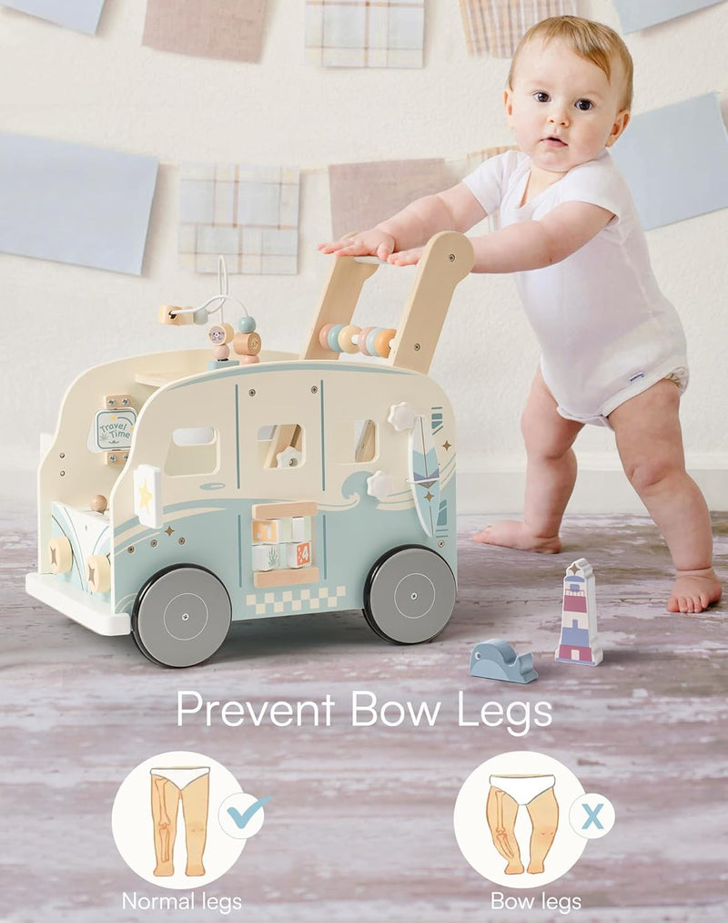 ROBUD Lauflernwagen Holz, Multifunktion Baby Lauflernhilfe mit & Rädern & Bauklötzen Spielgeräte Aktivitätszentrum Set, Baby Walker Spielzeug Geschenk für Kleinekinder Kinder 10 Monate - 1-2 Jahre