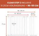 hauck Clear Step 2 + 21 cm Verlängerung, Weiß - Kinderschutzgitter Hundegitter, Verstellbare Breite 96-101 cm, 77 cm Hoch, Flacher Einstieg, Einhan...