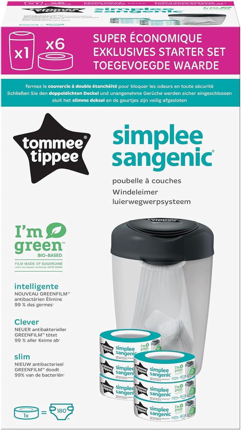 Tommee Tippee Simplee Windeleimer, mit 6 Nachfüllkassette, Schützt gegen Gerüche und Keime*, Zu 100 % Recyceltes Gehäuse