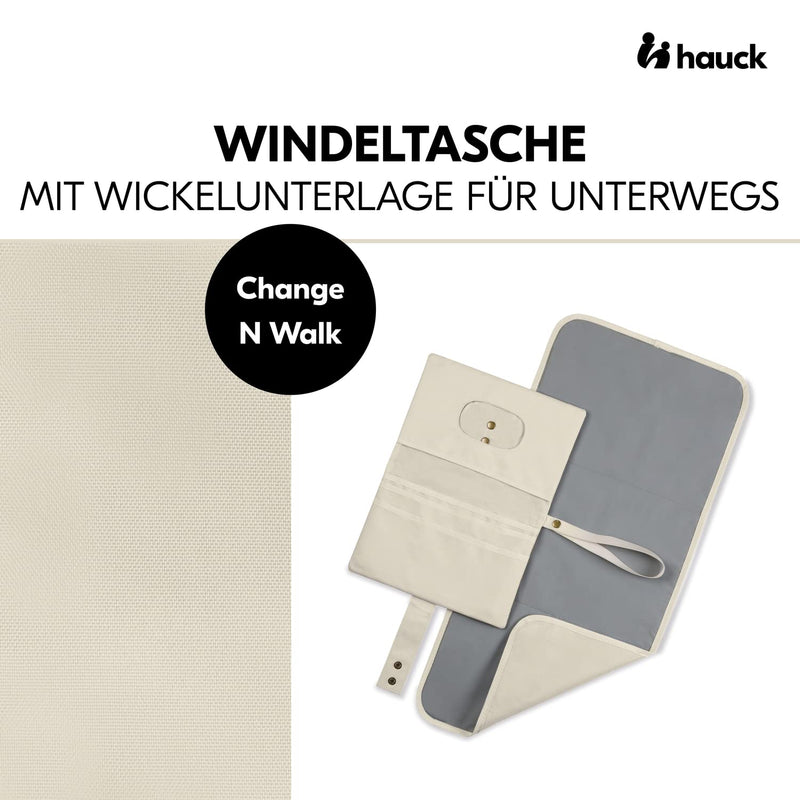 hauck Windeltasche mit Wickelunterlage Change N Walk für Unterwegs, Baby Wickeltasche Organizer, Wickeltetui mit Schlaufe für Kinderwagengriff, Wickelclutch, Abwischbar (Beige)