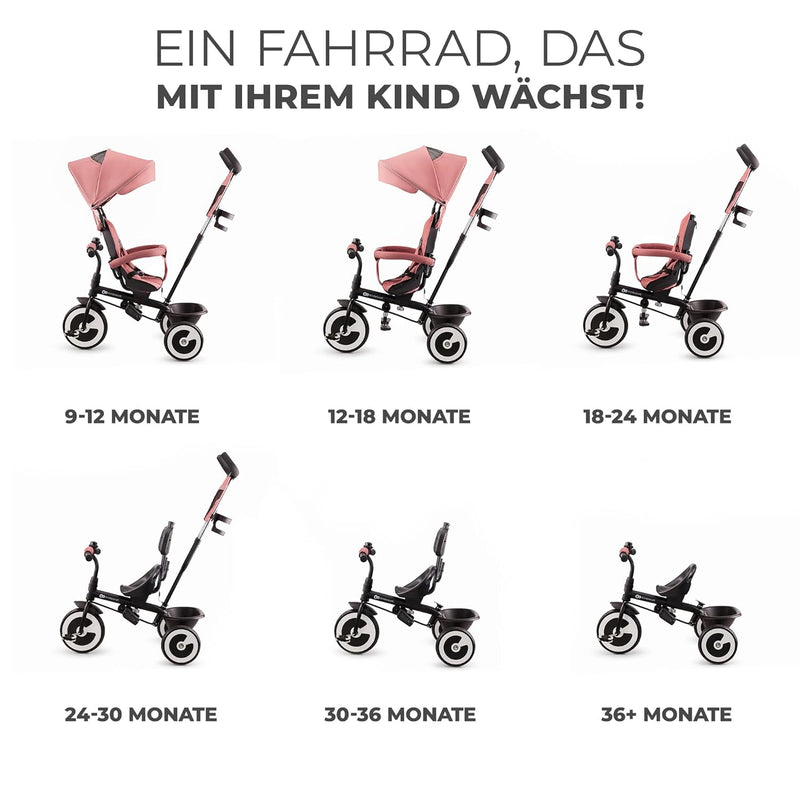 Kinderkraft ASTON Dreirad ab 9 Monate bis 25 kg, Kinderdreirad mit schubstange, drehbarer Sitz Vorwärts und Rückwärtsfahrt, ausklappbarem Verdeck mit sonnenschutz