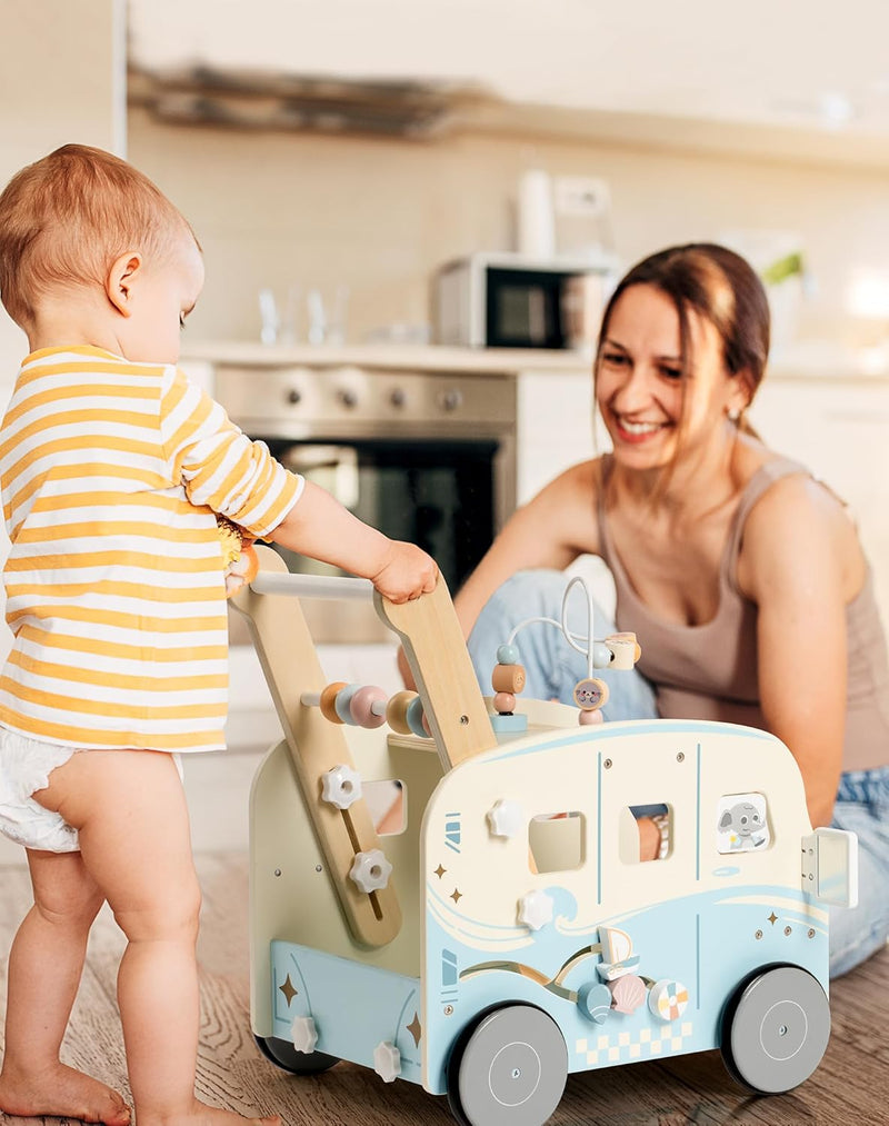 ROBUD Lauflernwagen Holz, Multifunktion Baby Lauflernhilfe mit & Rädern & Bauklötzen Spielgeräte Aktivitätszentrum Set, Baby Walker Spielzeug Geschenk für Kleinekinder Kinder 10 Monate - 1-2 Jahre