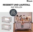 hauck Reisebett Sleep N Play Go Plus, Dusty Cork - Baby Kinderreisebett mit Rädern, Tragetasche, Faltboden und Großen Schlupf zum Spielen - ab Geburt bis 15 kg - Klein Zusammenklappbar