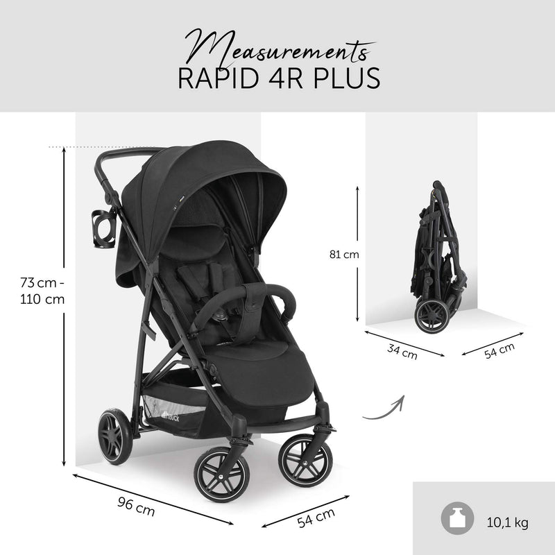 hauck Rapid 4R Plus, Schwarz - Kinderbuggy mit Liegefunktion ab Geburt bis 22 kg - UV Schutz 50+ - Klein Zusammenklappbar - Höhenverstellbarer Schieber mit Getränkehalter