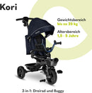 Lionelo Kori Dreirad mit Schubstange für Kinder ab 1,5 bis 5 Jahre, drehbarer Sitz, Magnesium-Rahmen, wartungsfreie Gummiräder, freies Rad, abnehmbares Vordach