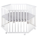 roba Laufgitter 6-eckig - Baby Spielgitter hexagonal + Einlage roba Style grau - 3-fach höhenverstellbar - Mobiler Laufstall mit Rollen - Holz weiß