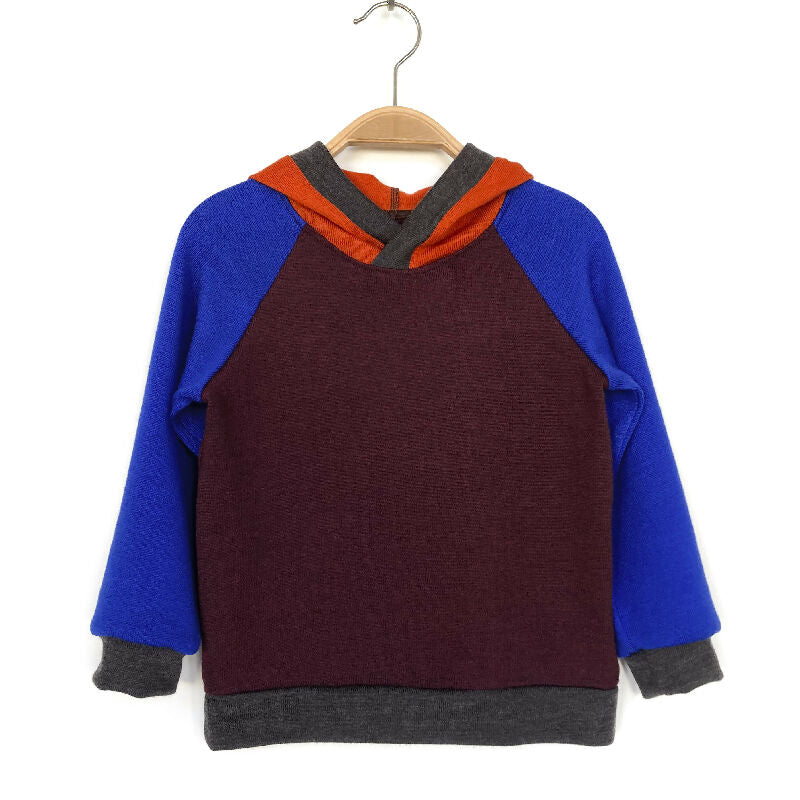 kronjuwel Kapuzenpullover 98/104 aus 100% Merinowolle aubergine royalblau orange Upcycling