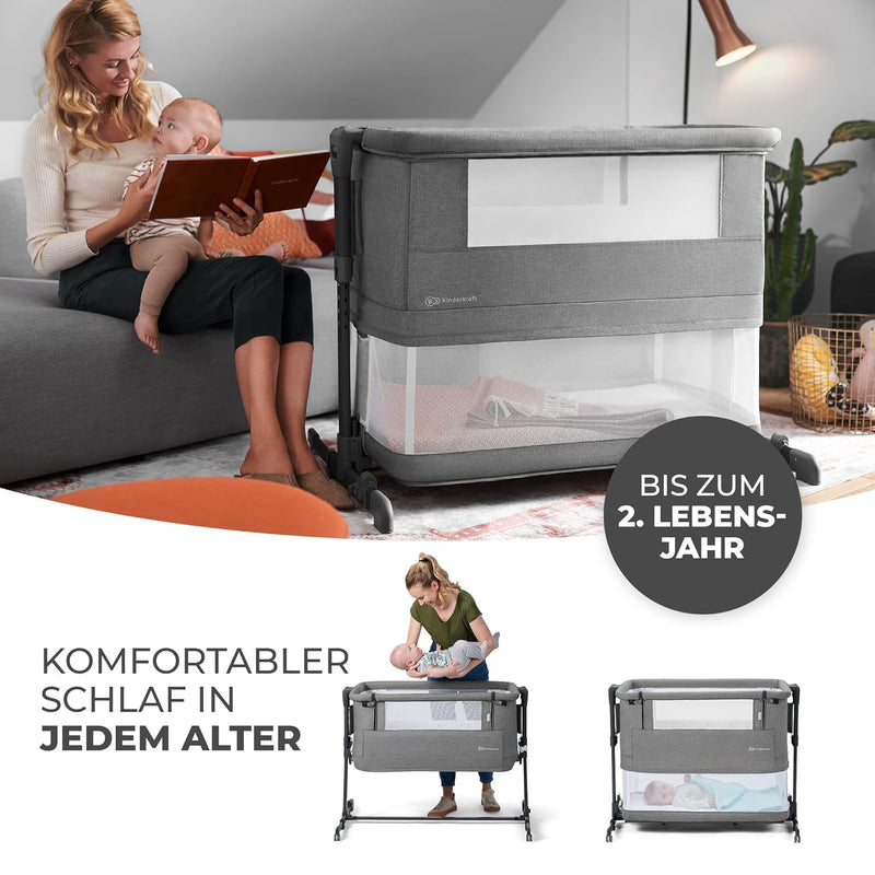 Kinderkraft NESTE GROW 3 in 1 Babybett, Beistellbett baby, Kinderbett ab Geburt für 2 Jahre, mit Matratze Transporttasche Rollen, Höhenverstellung in 5 Stufen, verstellbaren Matratzenwinkel, Beige