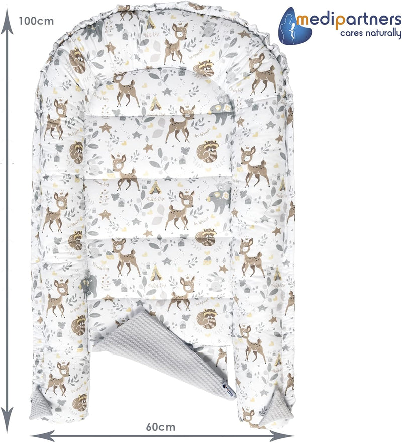 Medi Partners Babynest Nestchen für Neugeborene - 100x60x15 Babynestchen Baby zweiseitg Nest Bett 100% Baumwolle Waffel Kuschelnest tragbar (REH mit Grauer Waffel)