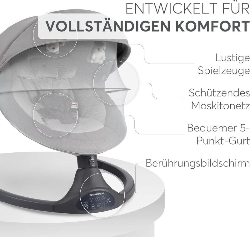 kikka boo Codie Babywippe Elektrisch für Neugeborene mit Musik – Baby Schaukelstuhl bis 9 kg, 5 Schwingstufen, Bluetooth, Verstellbare Rückenlehne, 10 Melodien, Hellgrau