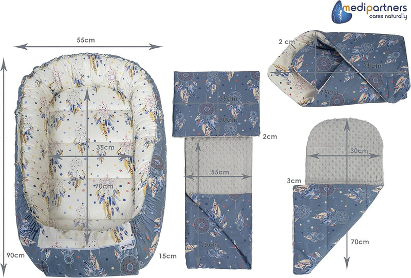 Medi Partners Babynest Nestchen Baby Set für Neugeborene - 100x60x15 Kuschelnest 5 teilig tragbar Nest zweiseitig Babynestchen Bett 100% Baumwolle (Traumfänger mit grauen Minky)