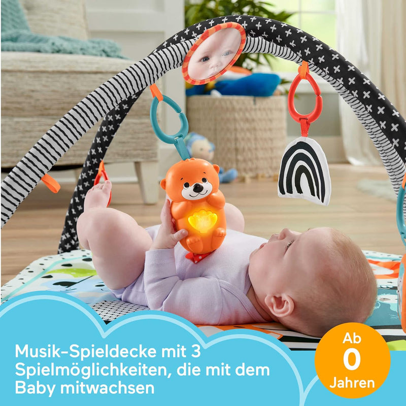 Fisher-Price Tierfreunde Kontrast-Spieldecke, Spielbogen, mit Musik und Licht, Krabbeldecke für Baby, zum Spielen im Bauchlage
