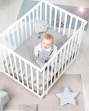 roba Laufgitter 75 x 100 cm - Baby Spielgitter + Einlage roba Style grau - 3-fach höhenverstellbar - Mobiler Laufstall mit Rollen - Holz weiß