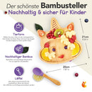 Kleiner Fuchs Hochwertiges Bambus Teller mit Saugnapf, Rutschfestem Saugnapf mit passendem Baby Löffel Macht Mahlzeiten Spaß, Bambus Geschirr Set mit Geschenkbox - Essenlernen mit Einhorn Design