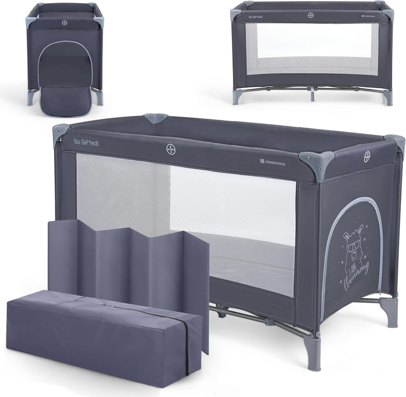 KikkaBoo Reisebett Baby Faltbar ohne Matratze SO GIFTED, Kinderreisebett & Babybett 120x60 cm, Bis 15 kg, Kompakt & Tragbar, mit Transporttasche, Zusammenklappbar für Reise & Urlaub, Marineblau