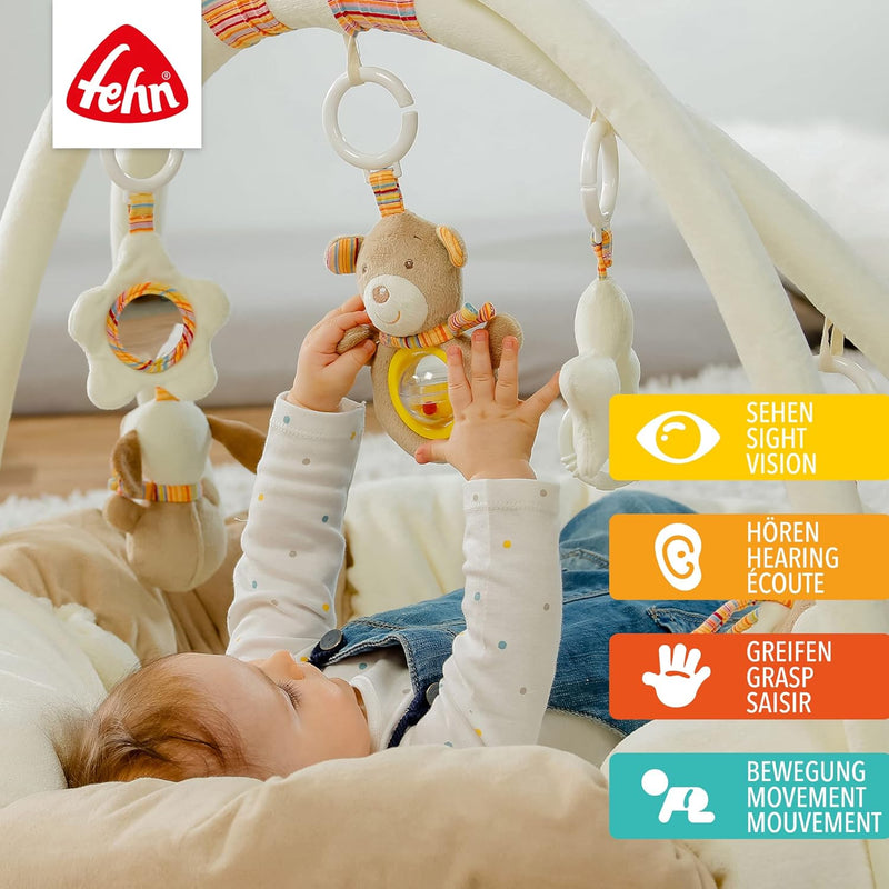 Fehn 3-D-Activity-Nest Spielbogen - Rainbow – Baby Krabbeldecke rund mit 5 abnehmbaren Spielzeugen zum Greifen
